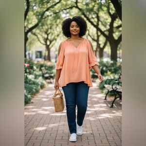 Cato Coral Cold-Shoulder Peasant Top